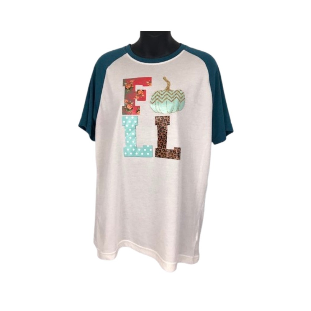 Fall Pumpkin Raglan T Shirt Teal Sleeves Autumn Graphic Tee Size‎ M